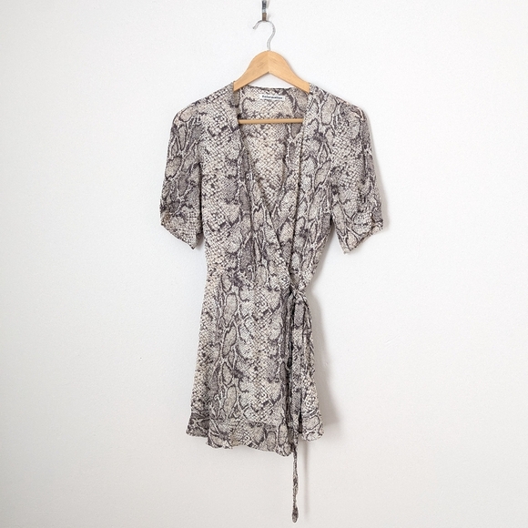 Reformation Tan Brown Cream Snakeskin Snake Print Python Monica Wrap Mini Dress - Picture 2 of 6